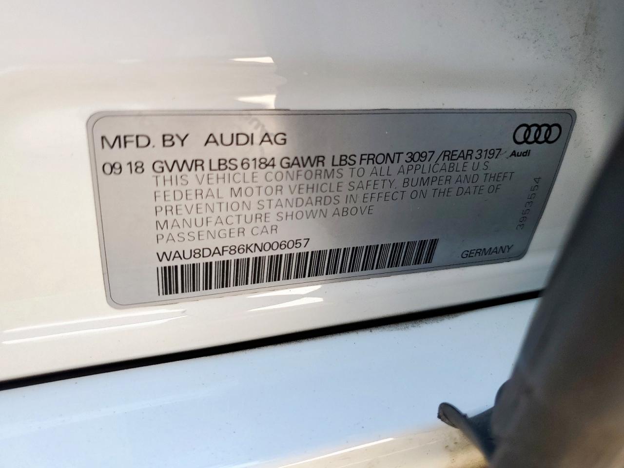 2019 Audi A8 L VIN: WAU8DAF86KN006057 Lot: 84892335