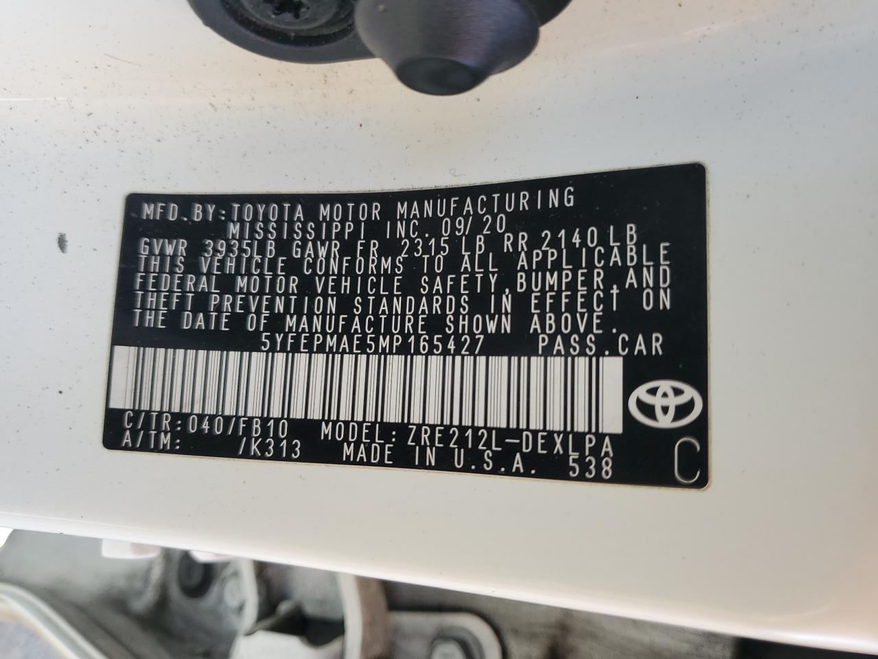 2021 Toyota Corolla Le VIN: 5YFEPMAE5MP165427 Lot: 81995125