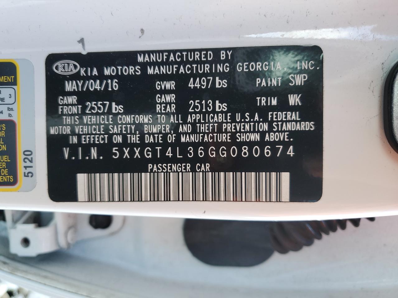 2016 Kia Optima Lx VIN: 5XXGT4L36GG080674 Lot: 84603205