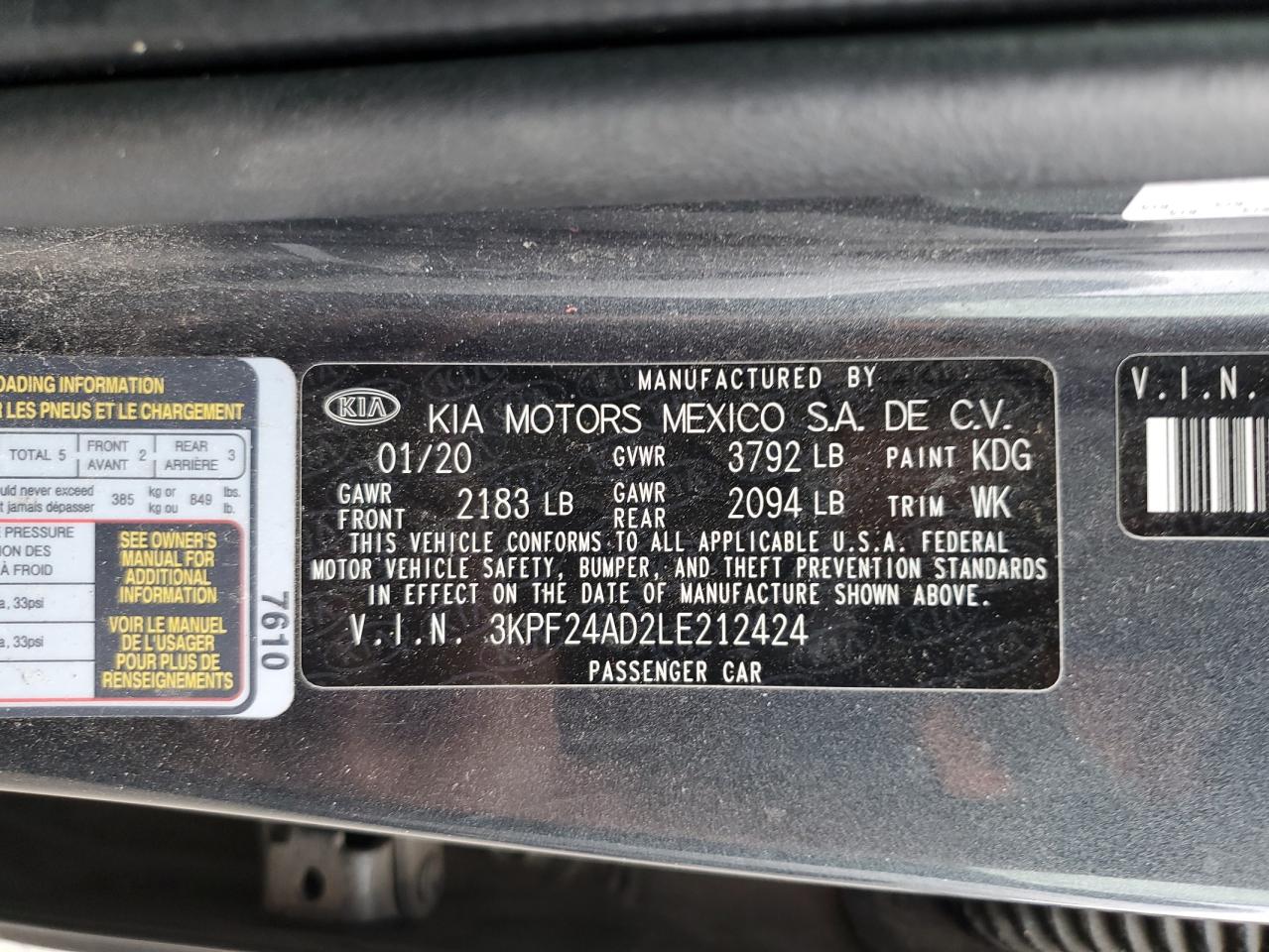 2020 Kia Forte Fe VIN: 3KPF24AD2LE212424 Lot: 82330515