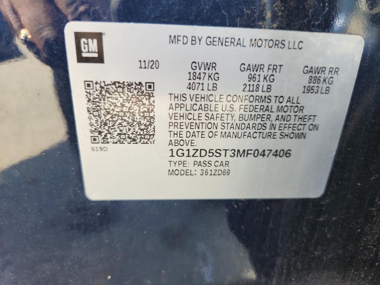 2021 Chevrolet Malibu Lt VIN: 1G1ZD5ST3MF047406 Lot: 84303105