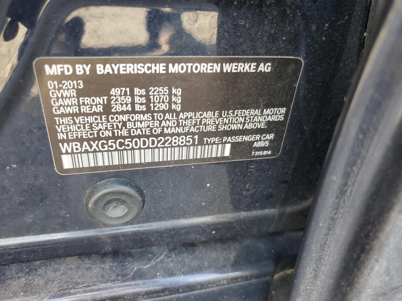 2013 BMW 528 I VIN: WBAXG5C50DD228851 Lot: 83932455