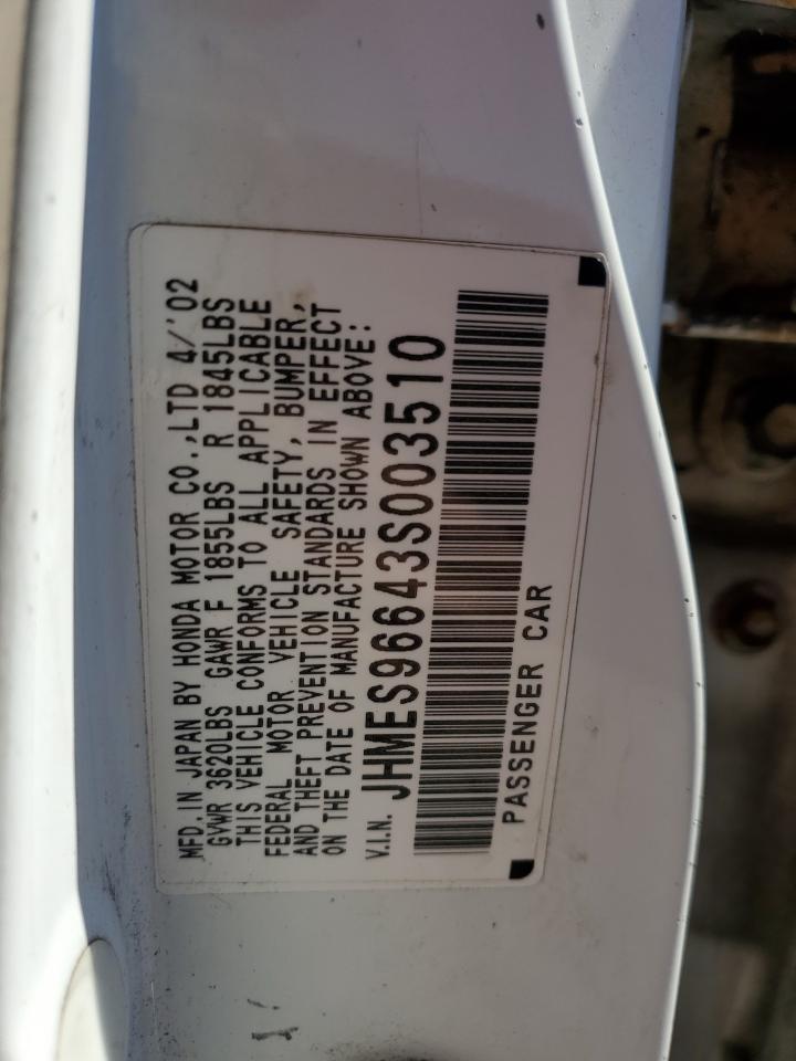 2003 Honda Civic Hybrid VIN: JHMES96643S003510 Lot: 85707975