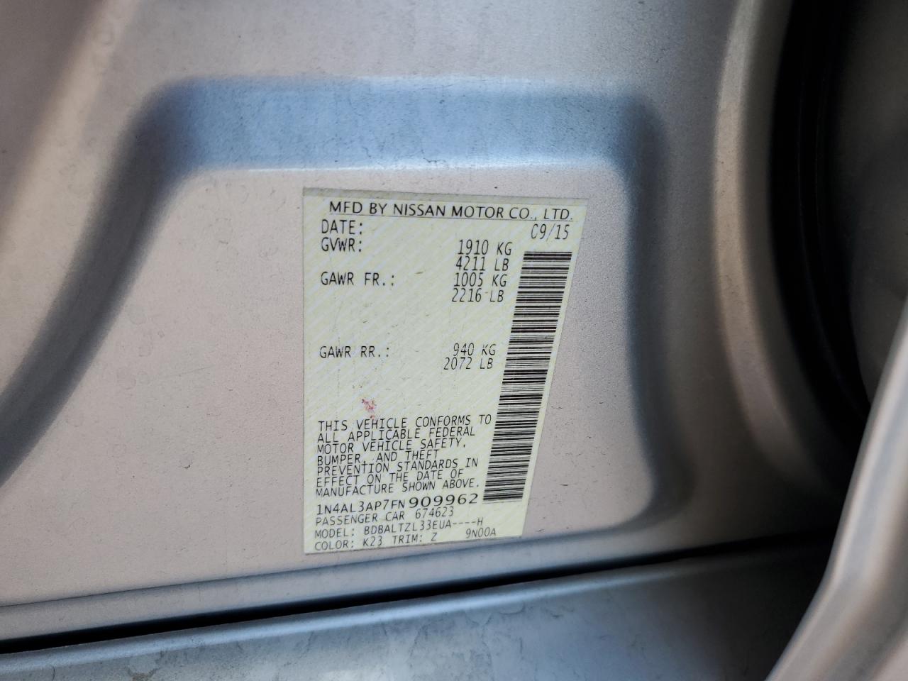 2015 Nissan Altima 2.5 VIN: 1N4AL3AP7FN909962 Lot: 82143545