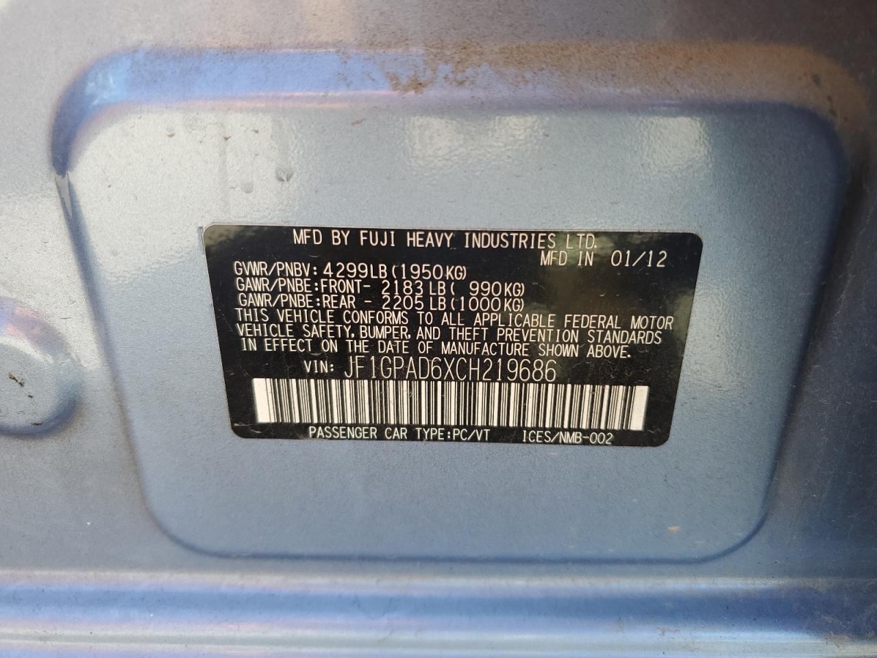 2012 Subaru Impreza Premium VIN: JF1GPAD6XCH219686 Lot: 85149115