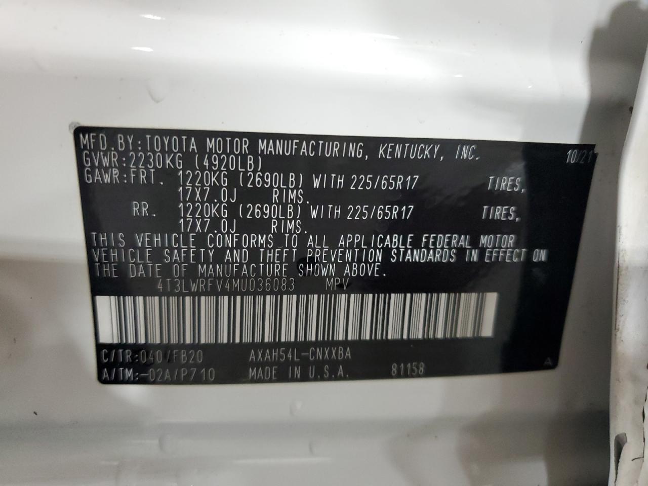 2021 Toyota Rav4 Le VIN: 4T3LWRFV4MU036083 Lot: 90271315