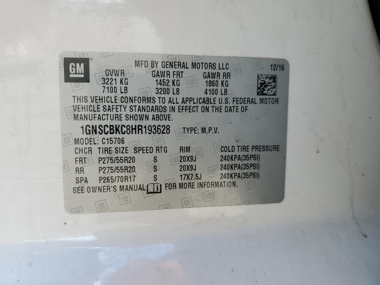 2017 Chevrolet Tahoe C1500 Lt VIN: 1GNSCBKC8HR193628 Lot: 85508725