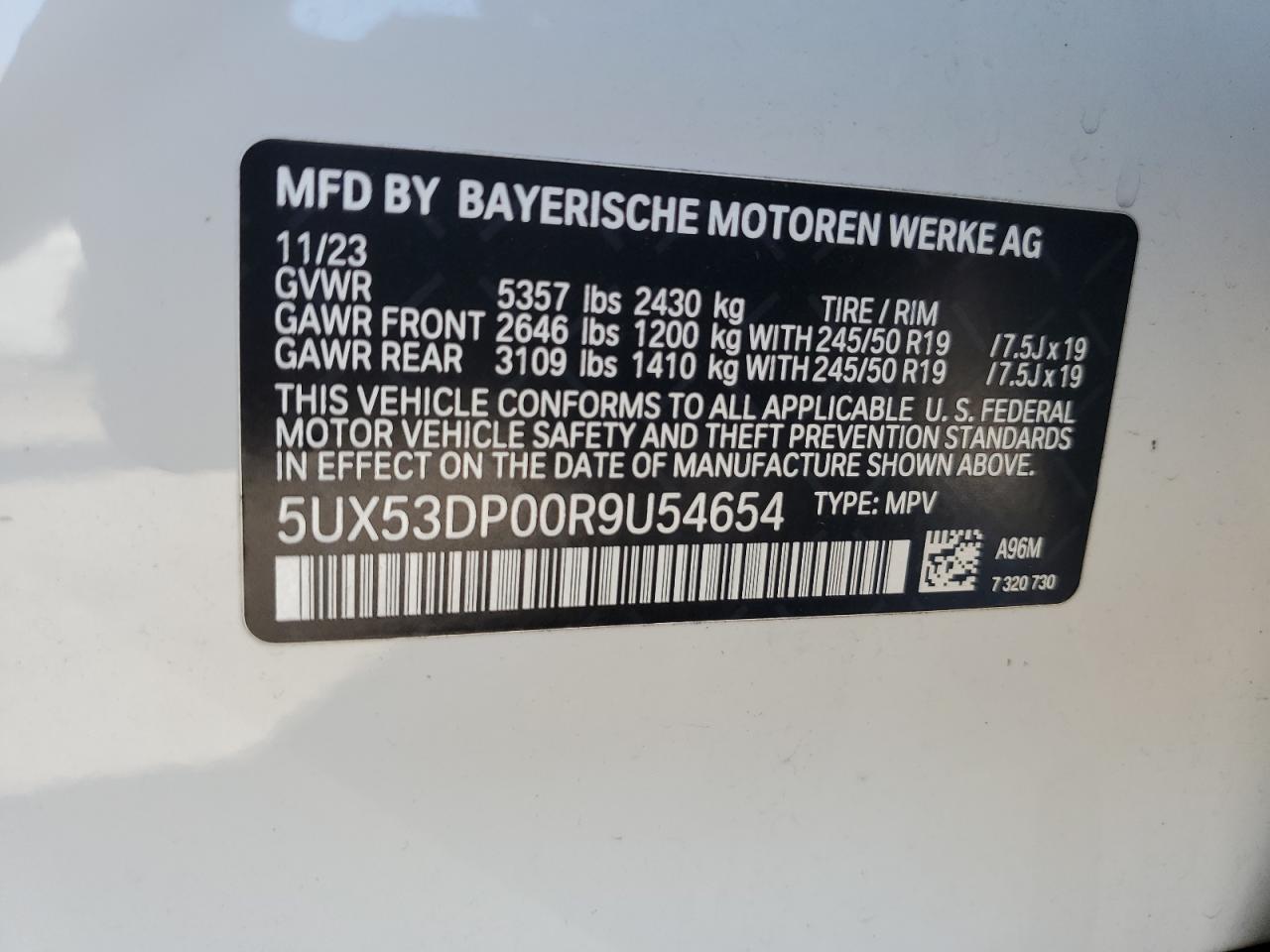 2024 BMW X3 xDrive30I VIN: 5UX53DP00R9U54654 Lot: 86187215