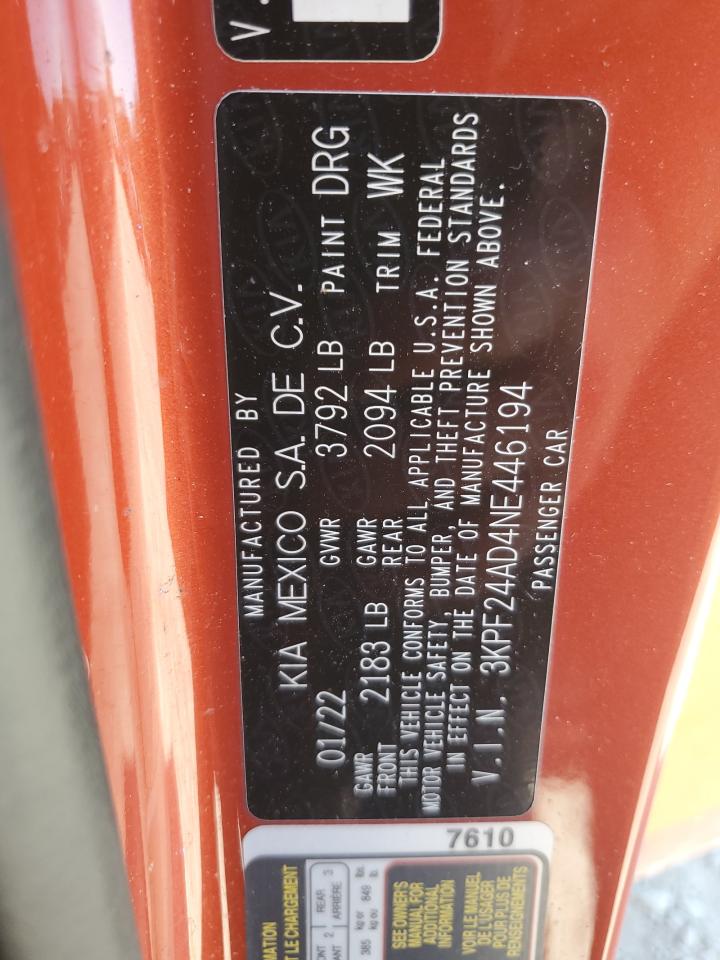 2022 Kia Forte Fe VIN: 3KPF24AD4NE446194 Lot: 85894525