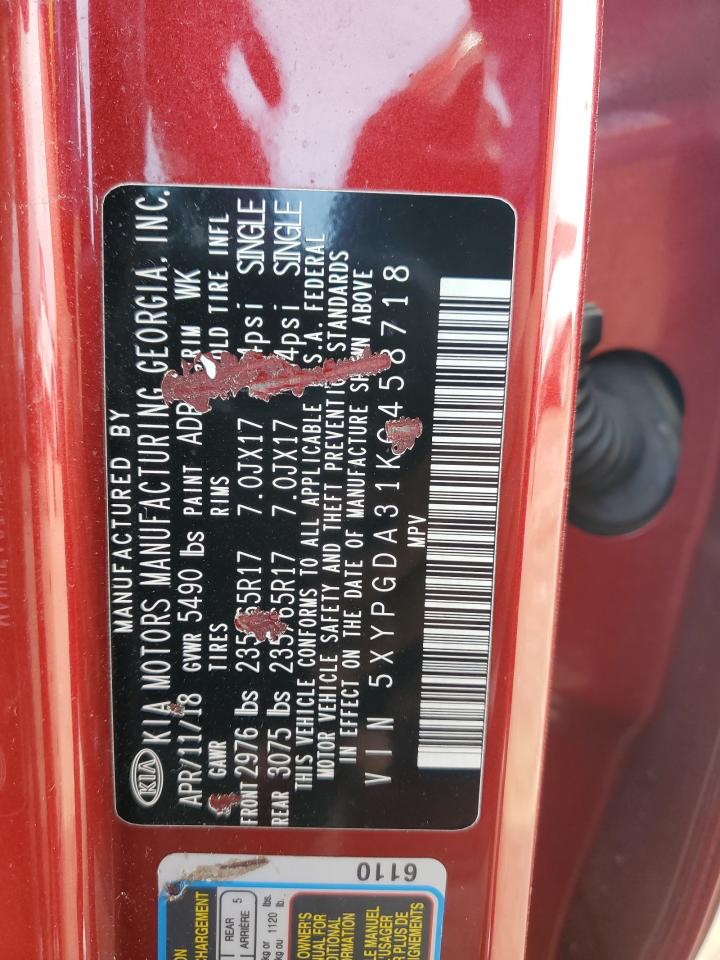 2019 Kia Sorento L VIN: 5XYPGDA31KG458718 Lot: 80729035