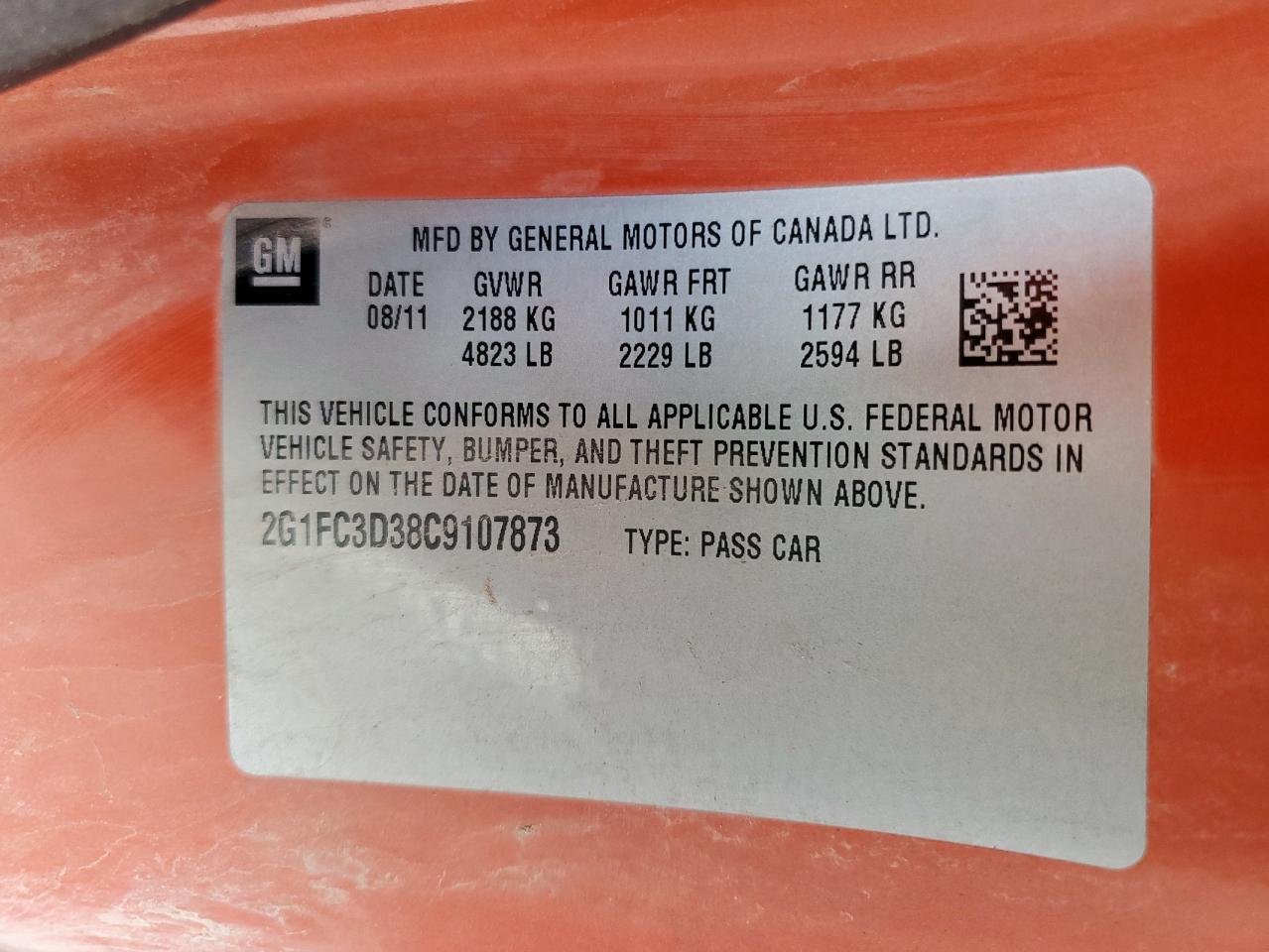2012 Chevrolet Camaro Lt VIN: 2G1FC3D38C9107873 Lot: 85933645