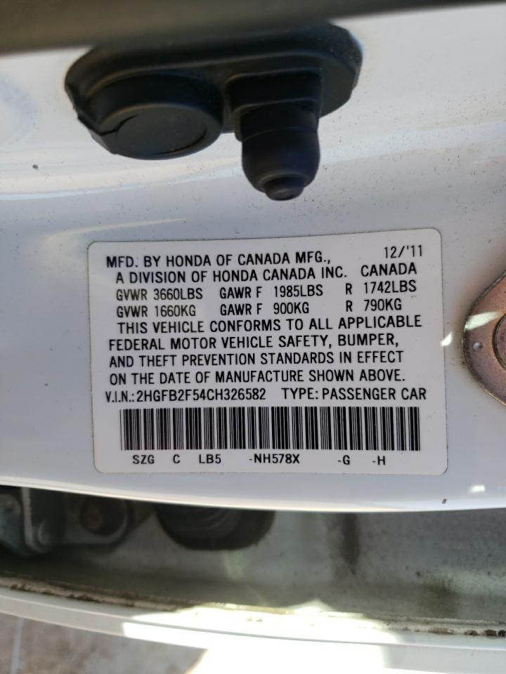 2012 Honda Civic Lx VIN: 2HGFB2F54CH326582 Lot: 82460065