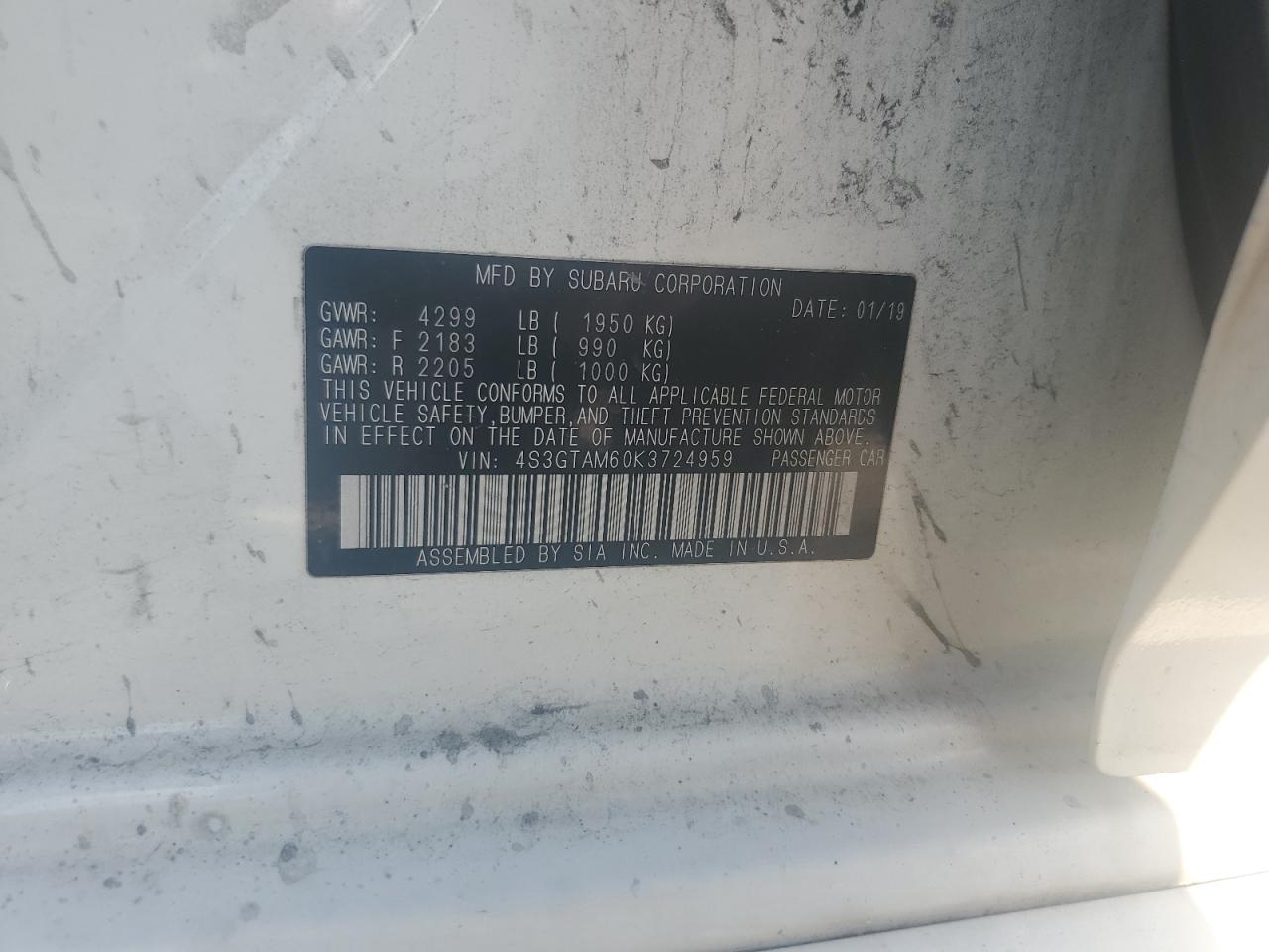 2019 Subaru Impreza Sport VIN: 4S3GTAM60K3724959 Lot: 85177475