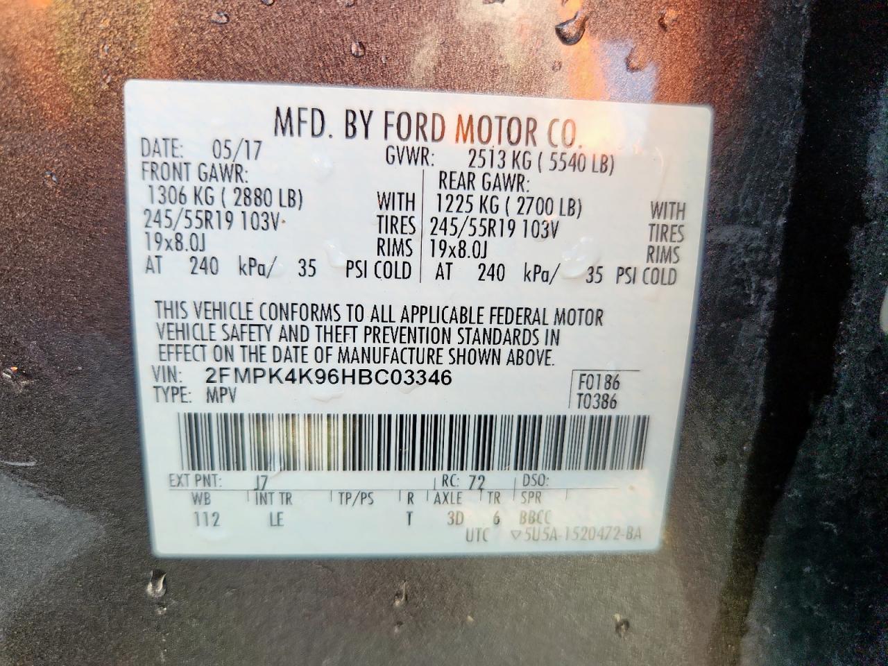 2017 Ford Edge Titanium VIN: 2FMPK4K96HBC03346 Lot: 84957265