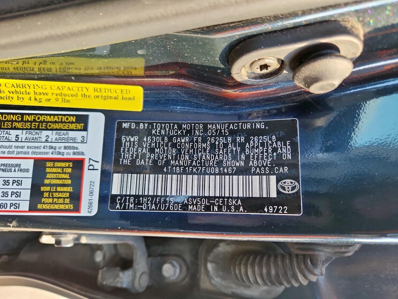 2015 Toyota Camry Le VIN: 4T1BF1FK7FU081467 Lot: 84912395