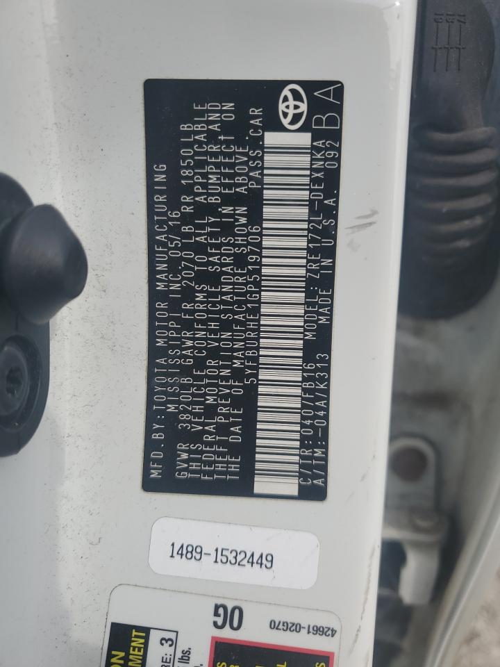 2016 Toyota Corolla L VIN: 5YFBURHE1GP519706 Lot: 84880665