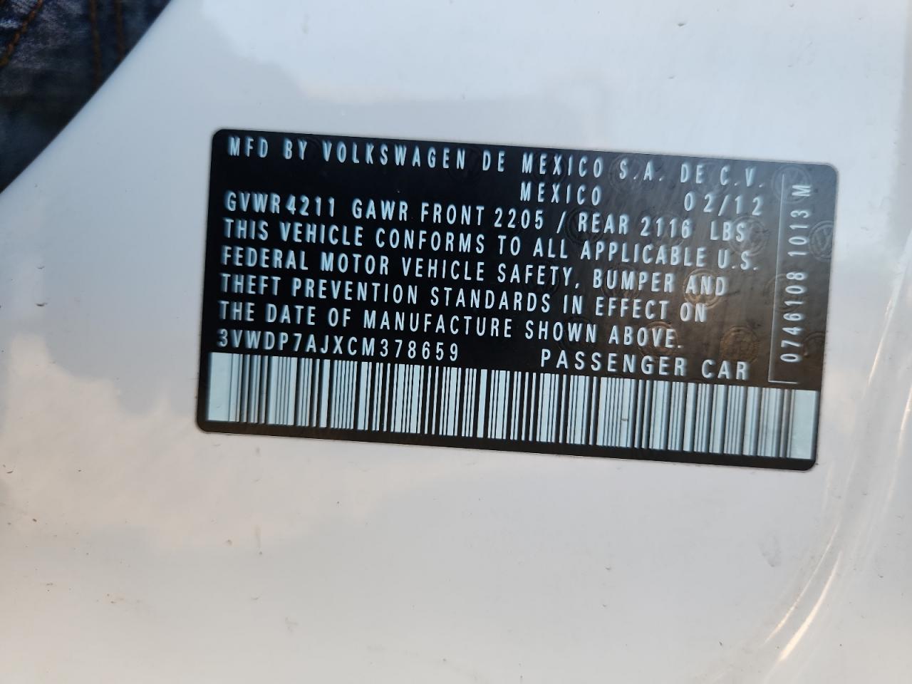2012 Volkswagen Jetta Se VIN: 3VWDP7AJXCM378659 Lot: 81794445