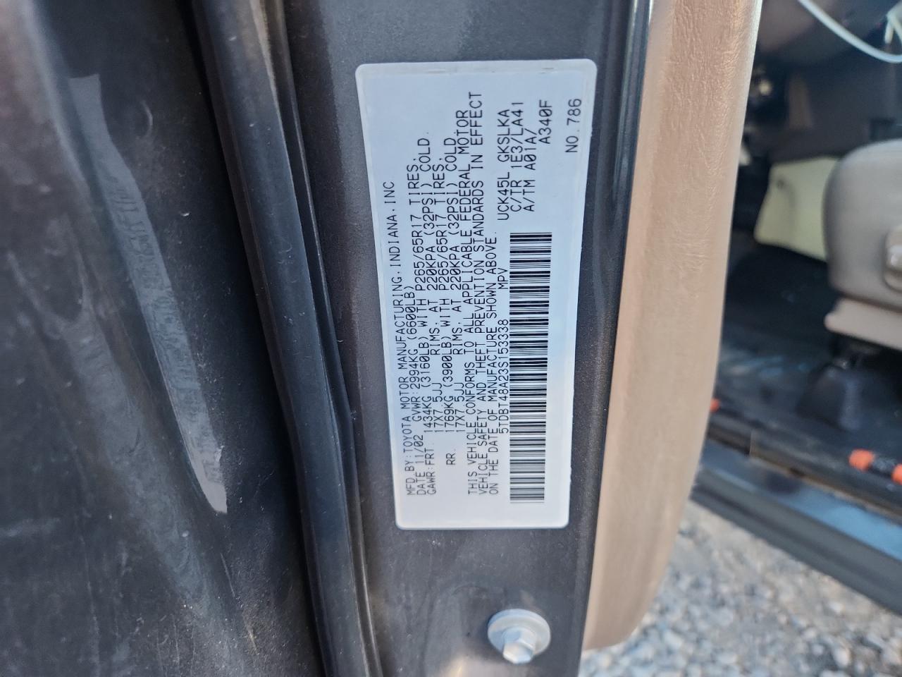 2003 Toyota Sequoia Limited VIN: 5TDBT48A23S153338 Lot: 85749035