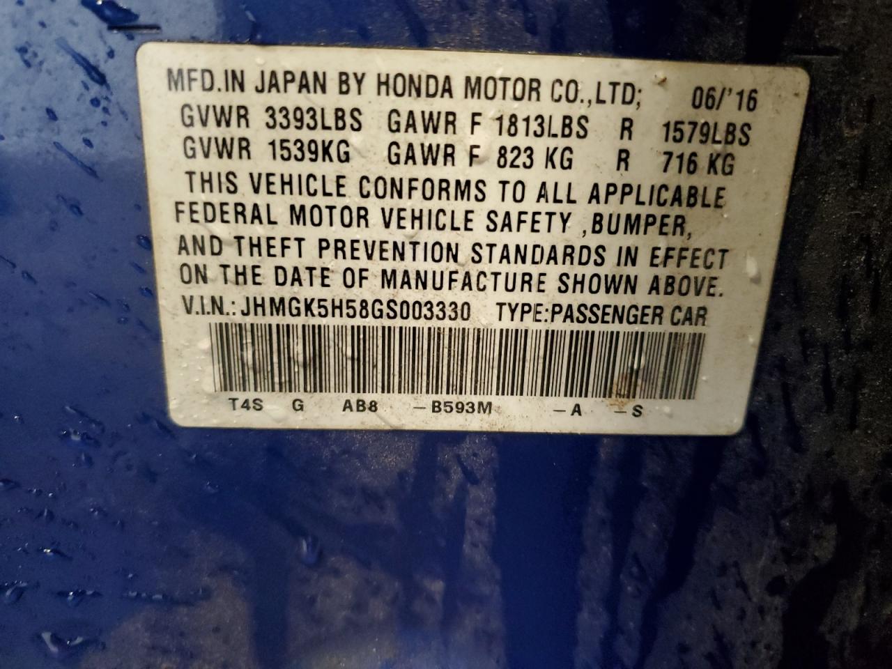 2016 Honda Fit Lx VIN: JHMGK5H58GS003330 Lot: 84935195