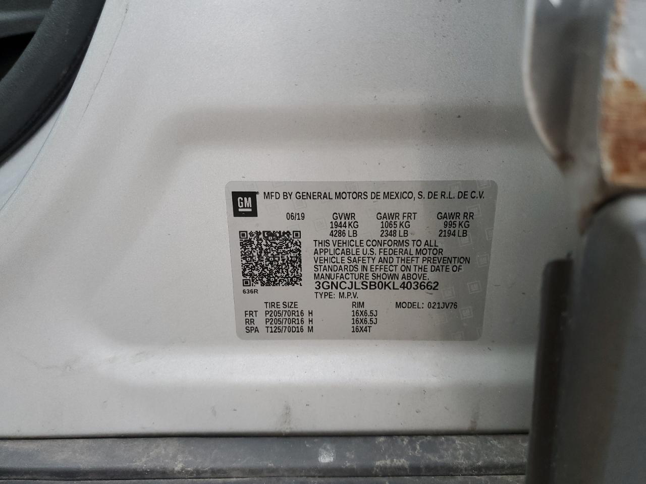 2019 Chevrolet Trax 1Lt VIN: 3GNCJLSB0KL403662 Lot: 90138425