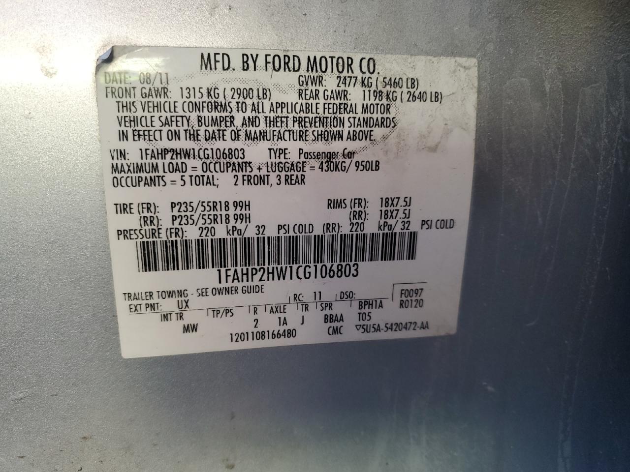 2012 Ford Taurus Sel VIN: 1FAHP2HW1CG106803 Lot: 86874415