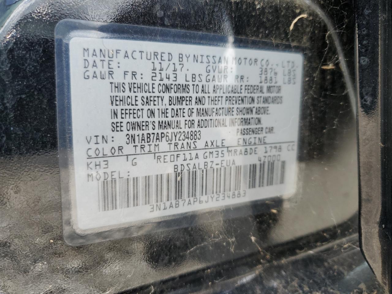 2018 Nissan Sentra S VIN: 3N1AB7AP6JY234883 Lot: 82290075