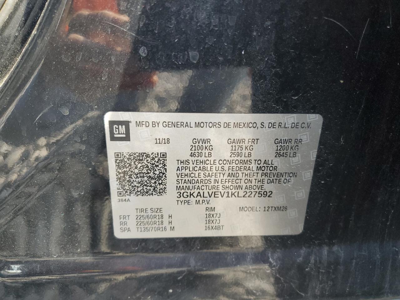 2019 GMC Terrain Slt VIN: 3GKALVEV1KL227592 Lot: 86260395