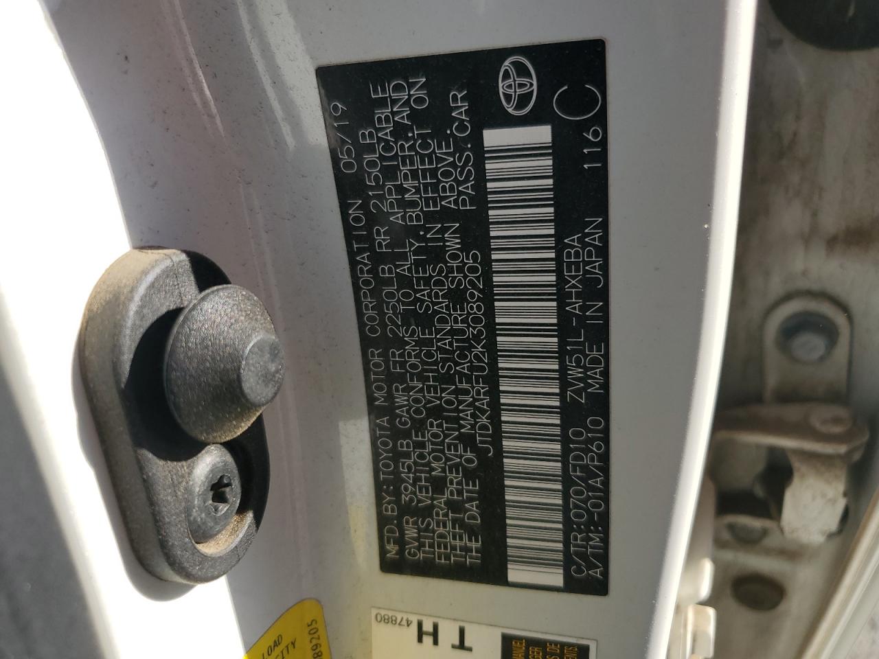 2019 Toyota Prius VIN: JTDKARFU2K3089205 Lot: 85495475