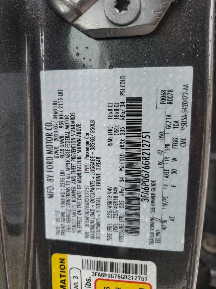 2016 Ford Fusion S VIN: 3FA6P0G76GR212751 Lot: 90521695