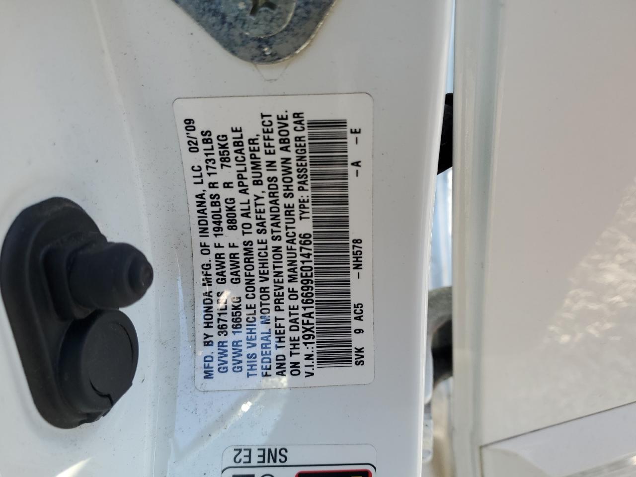 2009 Honda Civic Lx-S VIN: 19XFA16699E014766 Lot: 82391855