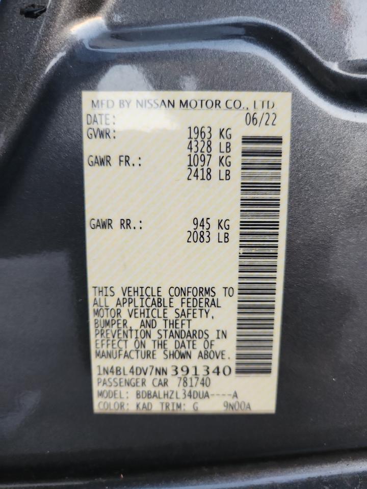 2022 Nissan Altima Sv VIN: 1N4BL4DV7NN391340 Lot: 86428695