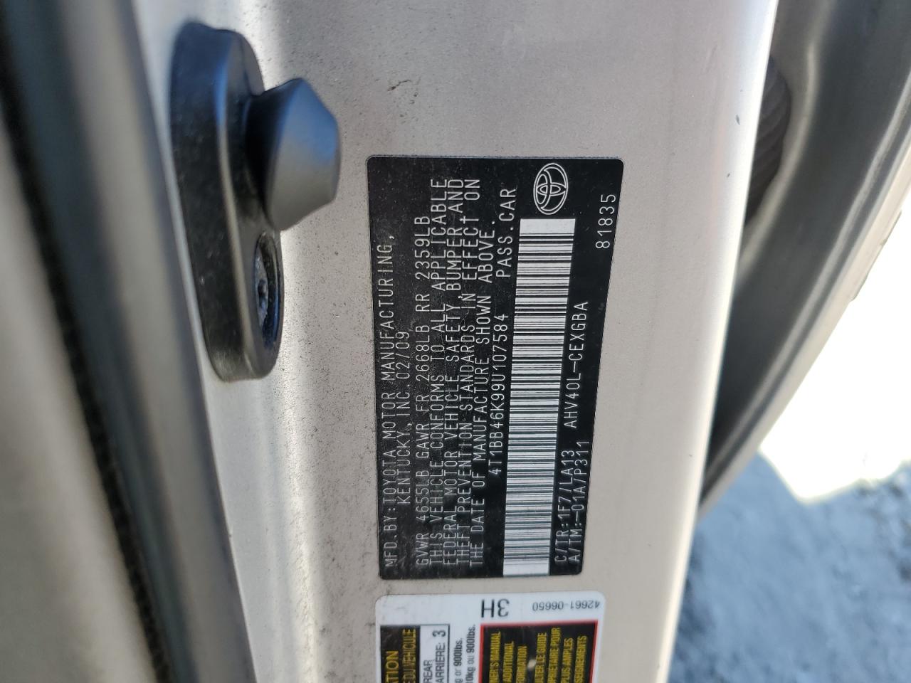 2009 Toyota Camry Hybrid VIN: 4T1BB46K99U107584 Lot: 82414925