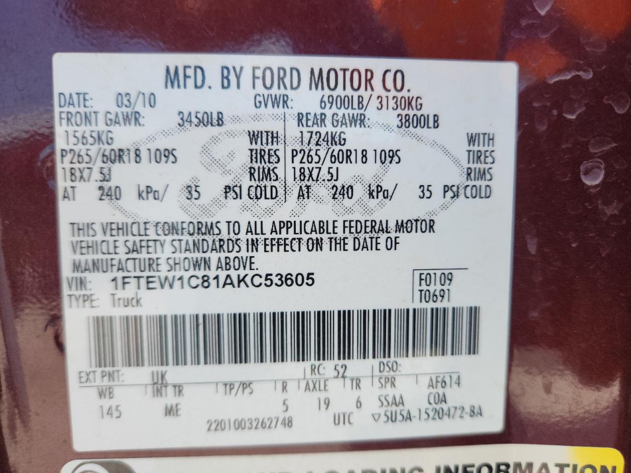 2010 Ford F150 Supercrew VIN: 1FTEW1C81AKC53605 Lot: 86236905