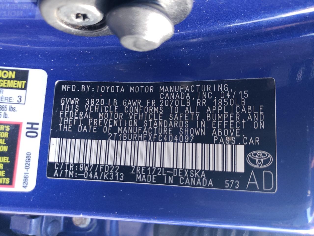 2015 Toyota Corolla L VIN: 2T1BURHEXFC404097 Lot: 89817425