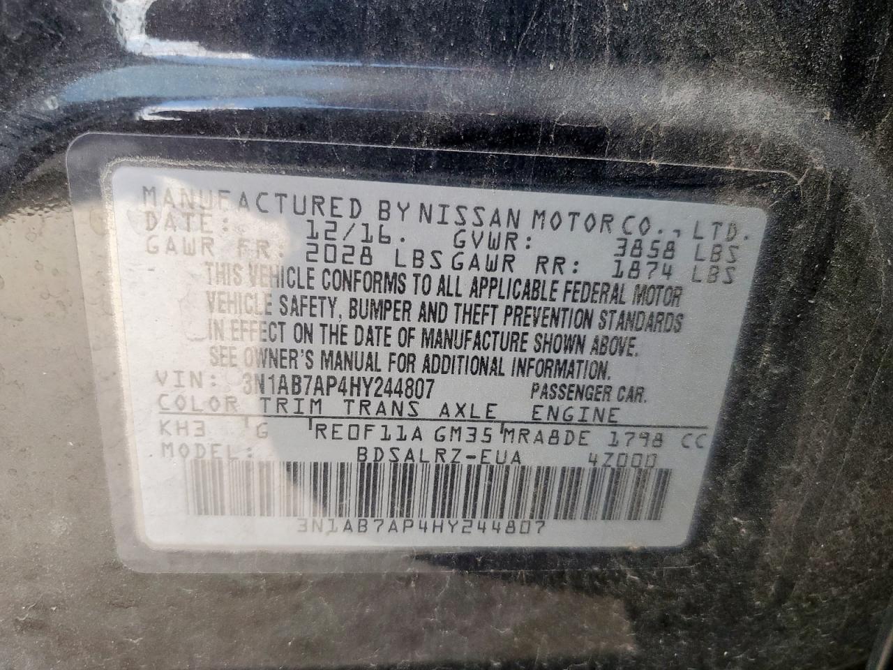 2017 Nissan Sentra S VIN: 3N1AB7AP4HY244807 Lot: 86063105