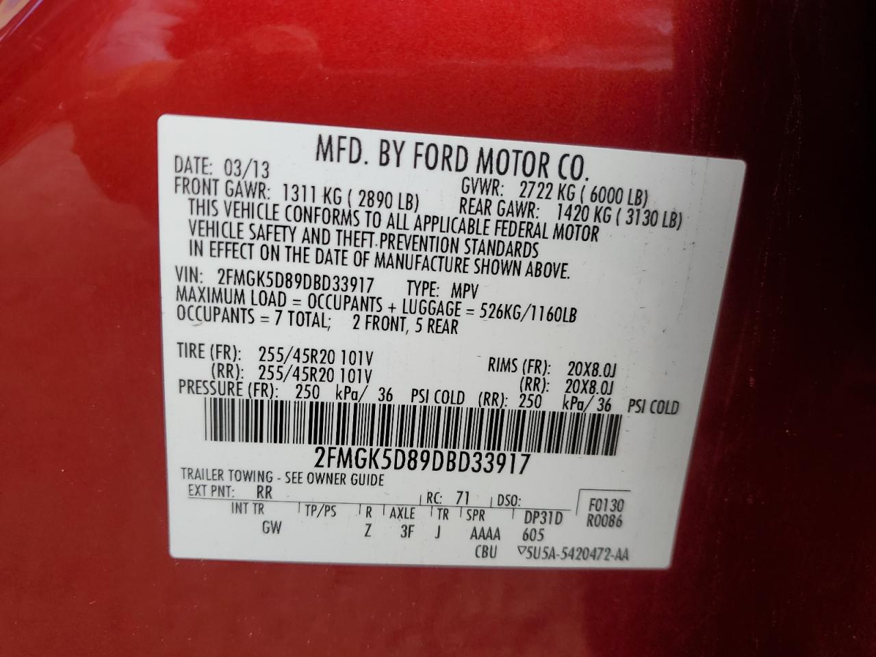 2013 Ford Flex Limited VIN: 2FMGK5D89DBD33917 Lot: 85945485