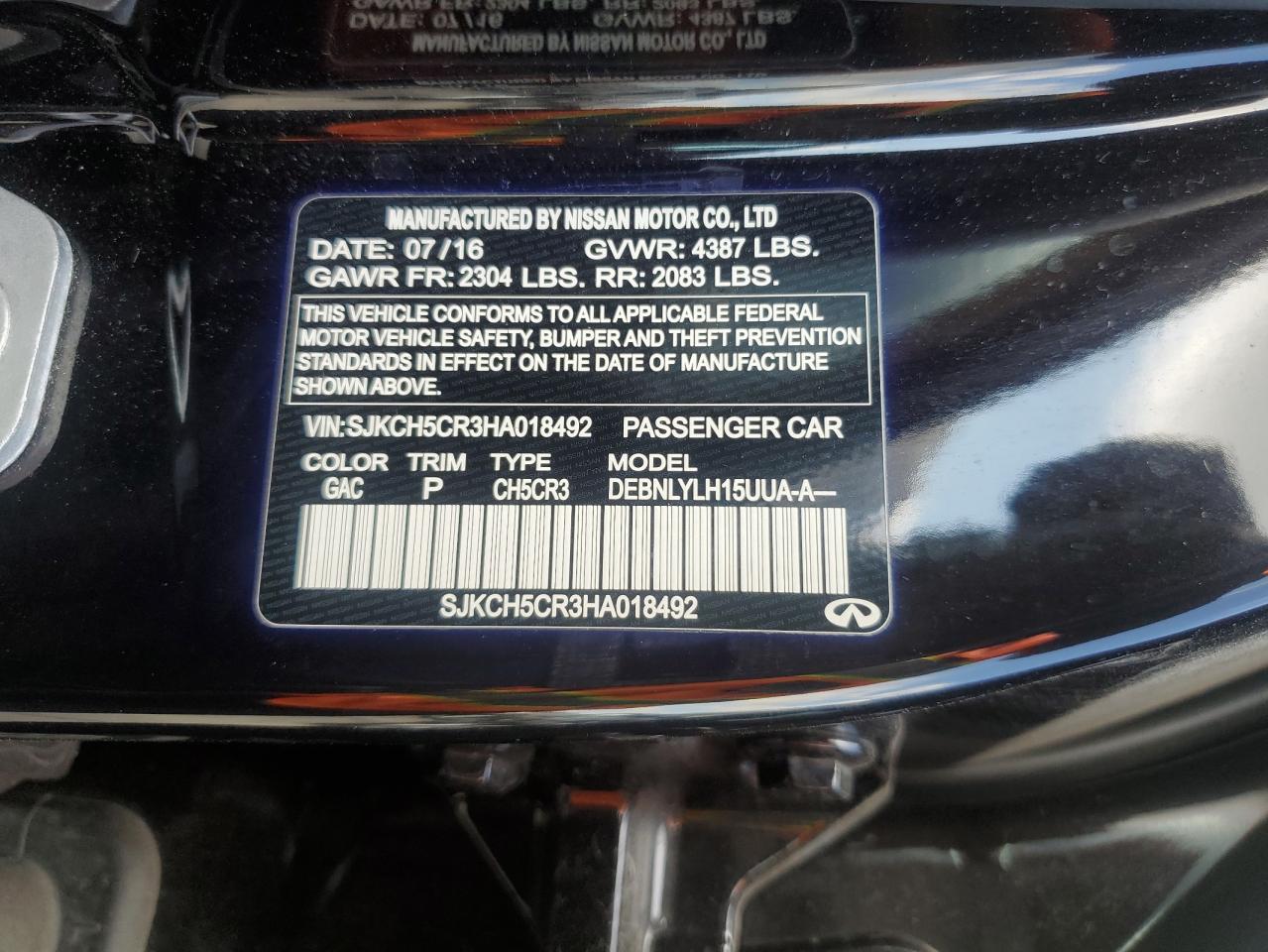 2017 Infiniti Qx30 Base VIN: SJKCH5CR3HA018492 Lot: 84944445