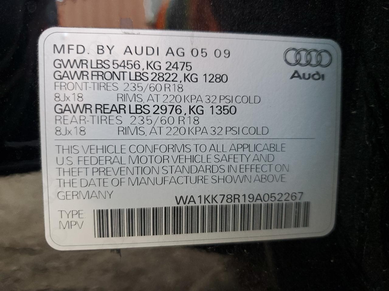 2009 Audi Q5 3.2 VIN: WA1KK78R19A052267 Lot: 90531695