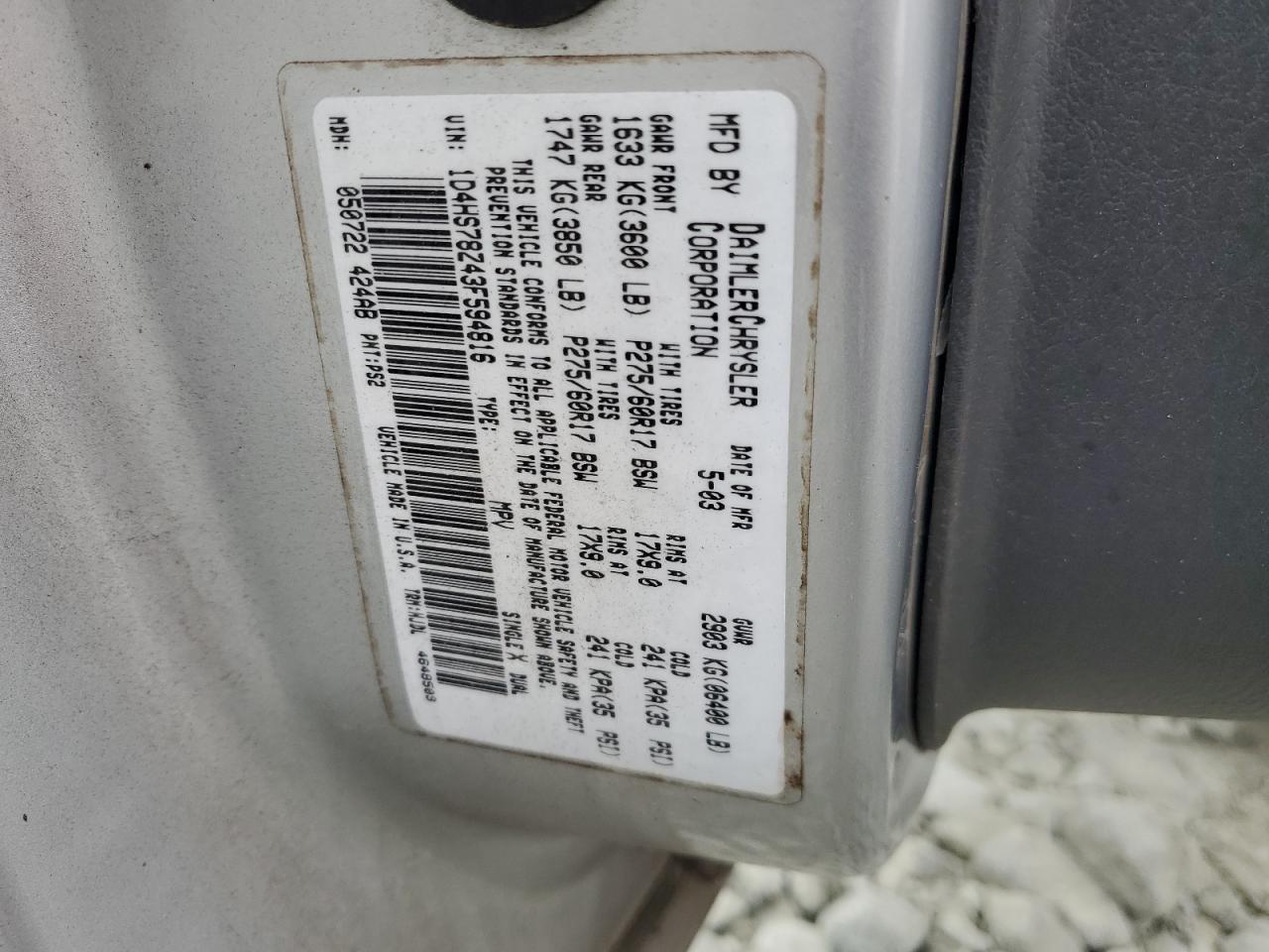 2003 Dodge Durango R/T VIN: 1D4HS78Z43F594816 Lot: 85668895