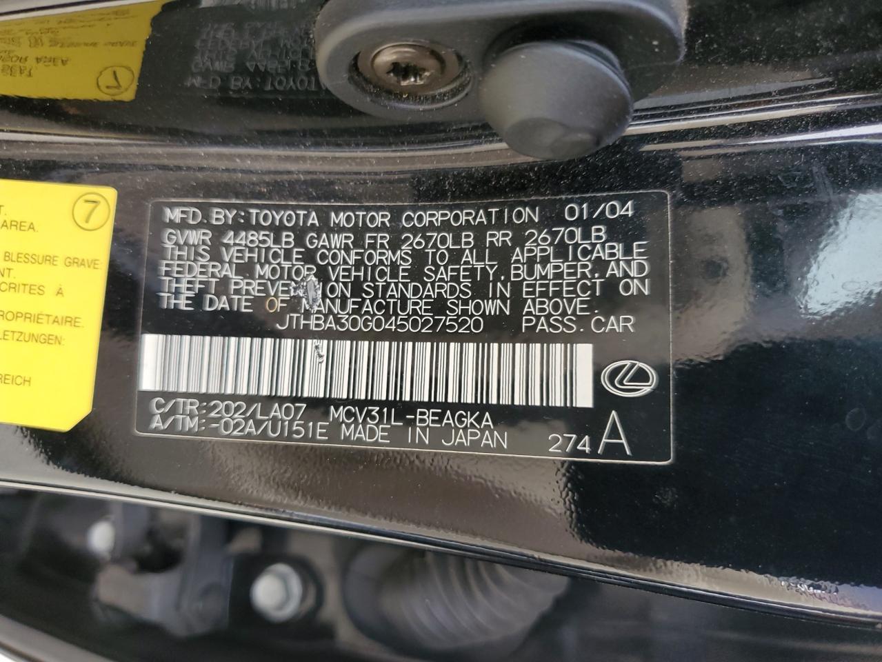 2004 Lexus Es 330 VIN: JTHBA30G045027520 Lot: 85710465