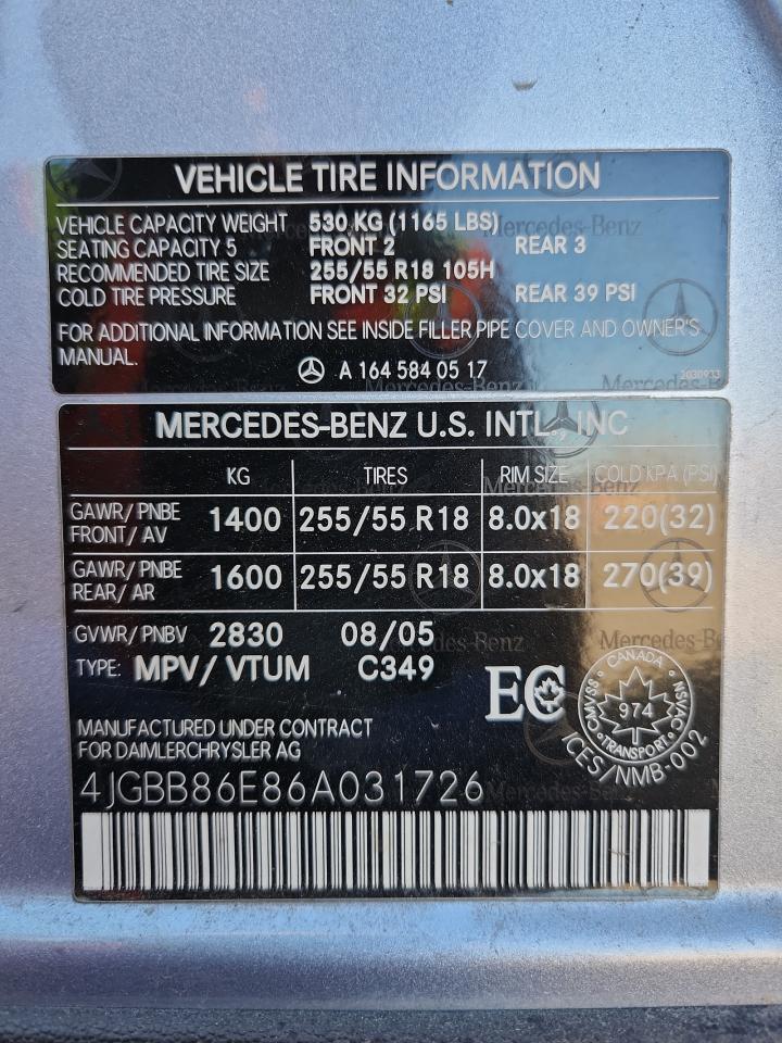 2006 Mercedes-Benz Ml 350 VIN: 4JGBB86E86A031726 Lot: 90863965