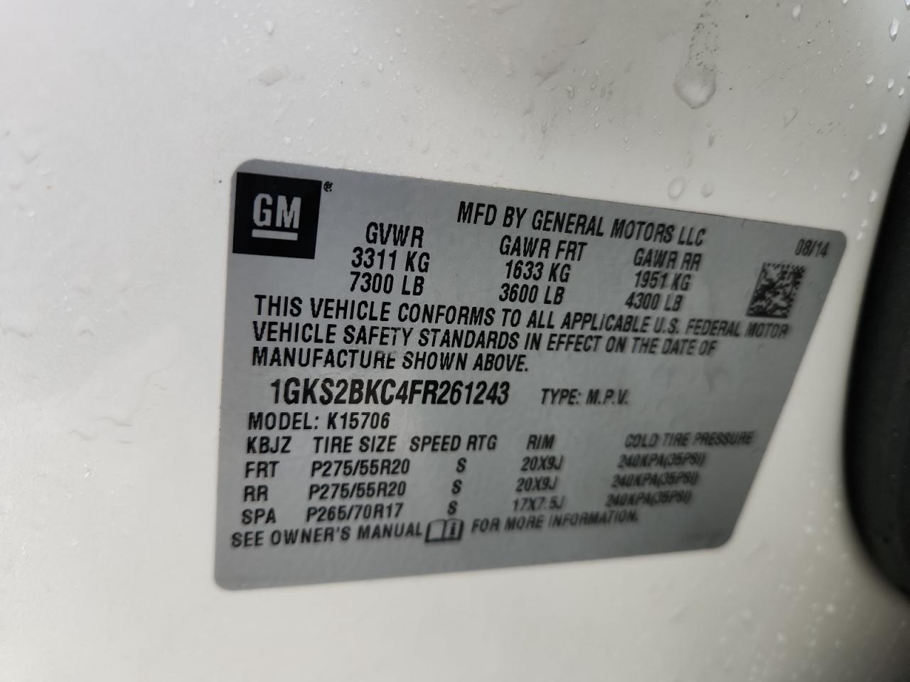 2015 GMC Yukon Slt VIN: 1GKS2BKC4FR261243 Lot: 90344285