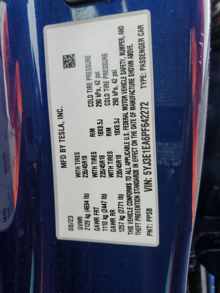 2023 Tesla Model 3 VIN: 5YJ3E1EA6PF642272 Lot: 90678775