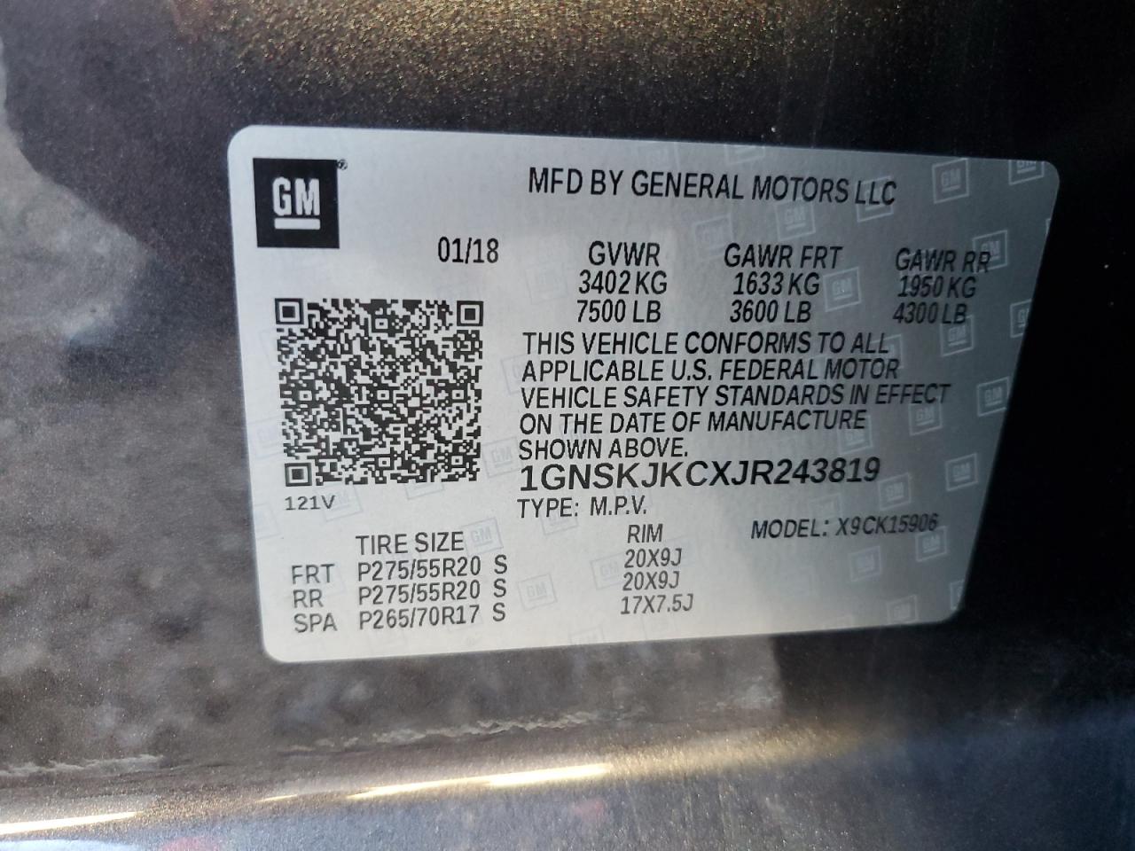 2018 Chevrolet Suburban K1500 Premier VIN: 1GNSKJKCXJR243819 Lot: 85523015