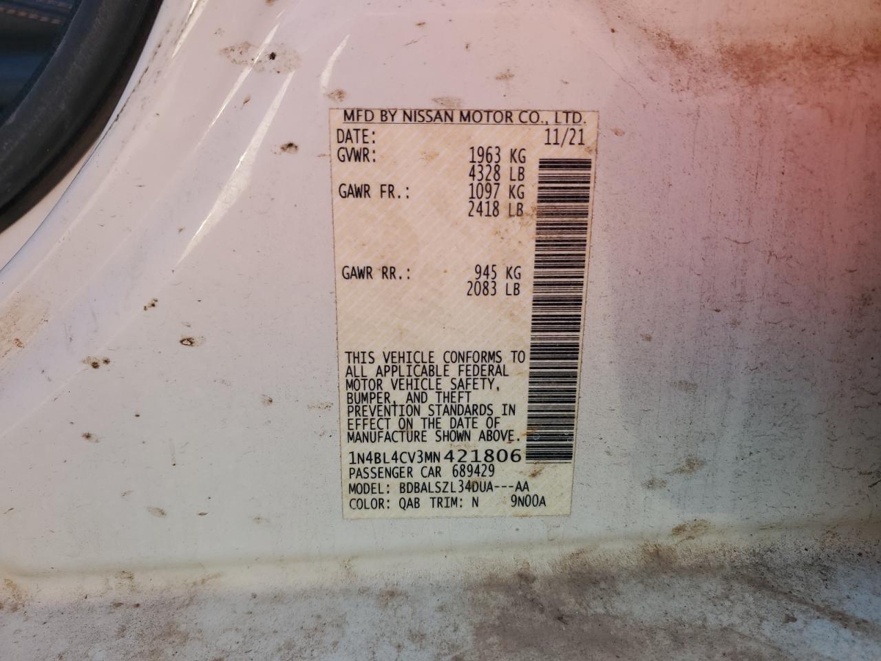 2021 Nissan Altima Sr VIN: 1N4BL4CV3MN421806 Lot: 84976385