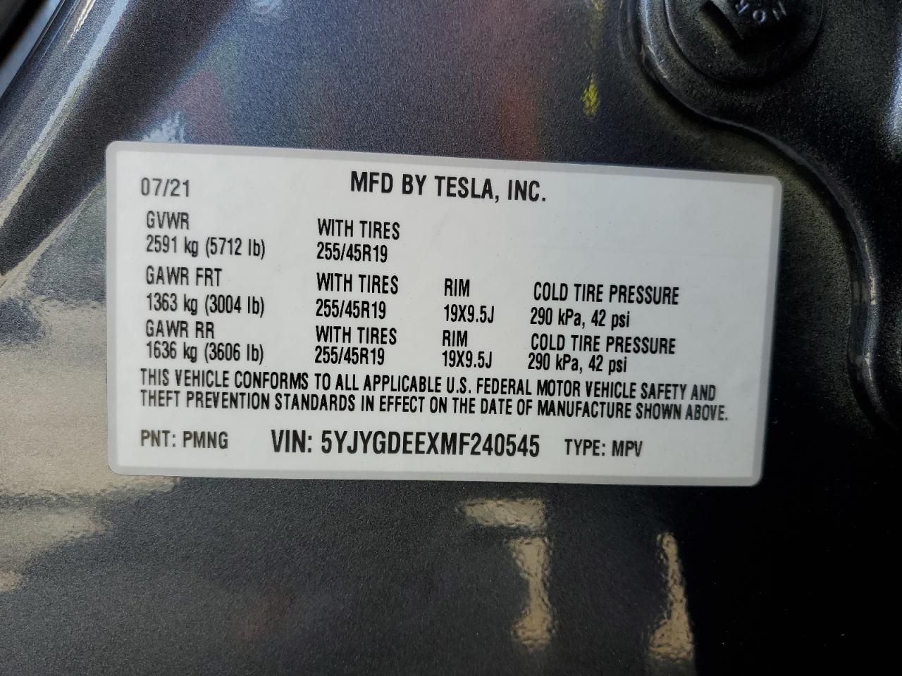 2021 Tesla Model Y VIN: 5YJYGDEEXMF240545 Lot: 84835015