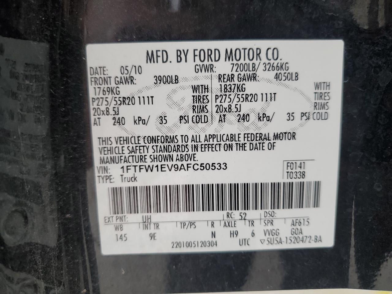 2010 Ford F150 Supercrew VIN: 1FTFW1EV9AFC50533 Lot: 86627375