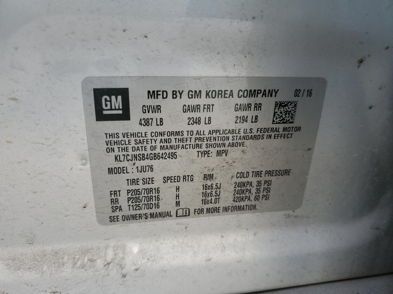 2016 Chevrolet Trax Ls VIN: KL7CJNSB4GB642495 Lot: 86804695