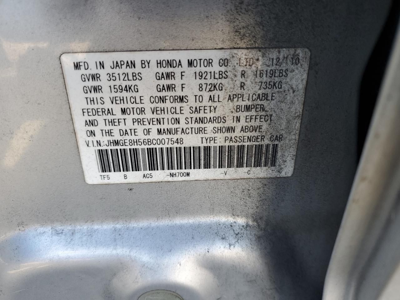 2011 Honda Fit Sport VIN: JHMGE8H56BC007548 Lot: 89699345