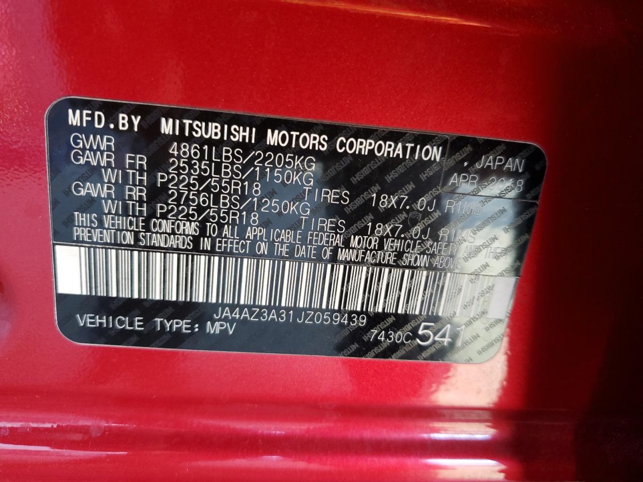 2018 Mitsubishi Outlander Se VIN: JA4AZ3A31JZ059439 Lot: 82004585